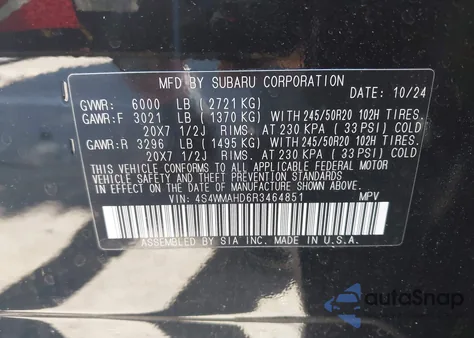 2024 Subaru Ascent Onyx Edition 7-Passenger z USA, uszkodzony, nr VIN 4S4WMAHD6R3464851